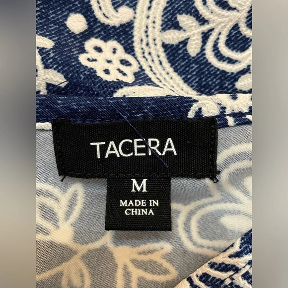 TACERA Dress Blue White Lace Floral Beach Dress Size Medium Stretch - Picture 6 of 7